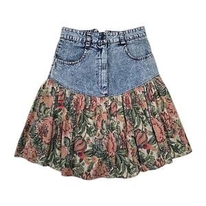 Vintage Jerry Leigh Acid Wash Denim Skirt Floral Ruffle Bottom Boho 80s 90s Sz 5